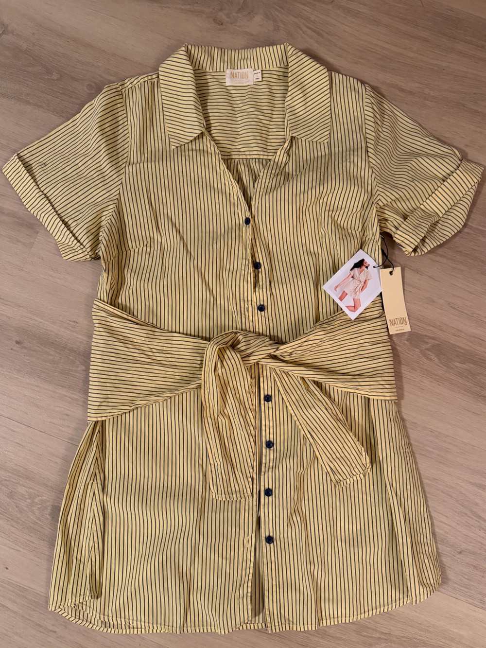 Nation LTD Nida Yellow and Black Striped Button-Front Mini Dress with Waist Tie